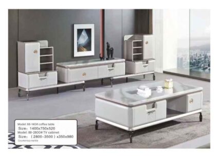 Modern Minimalist Luxury Coffee Table and TV Stand Set (White & Gold)