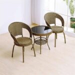 Rattan Bistro Set - Outdoor All-Weather Wicker Furniture,3 Pieces Patio Balcony Bistro Set,Metal Frame Woven Seat,Glass Top Side Table,Patio Furniture Lounge,Gold